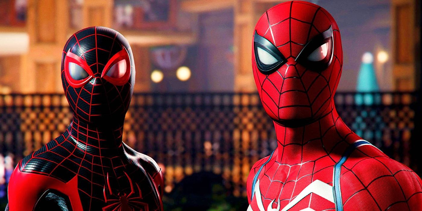 Imagem de Peter Parker e Miles Morales Homem-Aranha fantasiados olhando para a câmera no trailer do próximo Homem-Aranha 2 da Marvel.